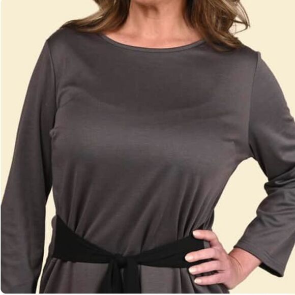 Tamsy Solid Grey Midi Drop Waist Long Sleeve Dress M - Picture 5 of 14
